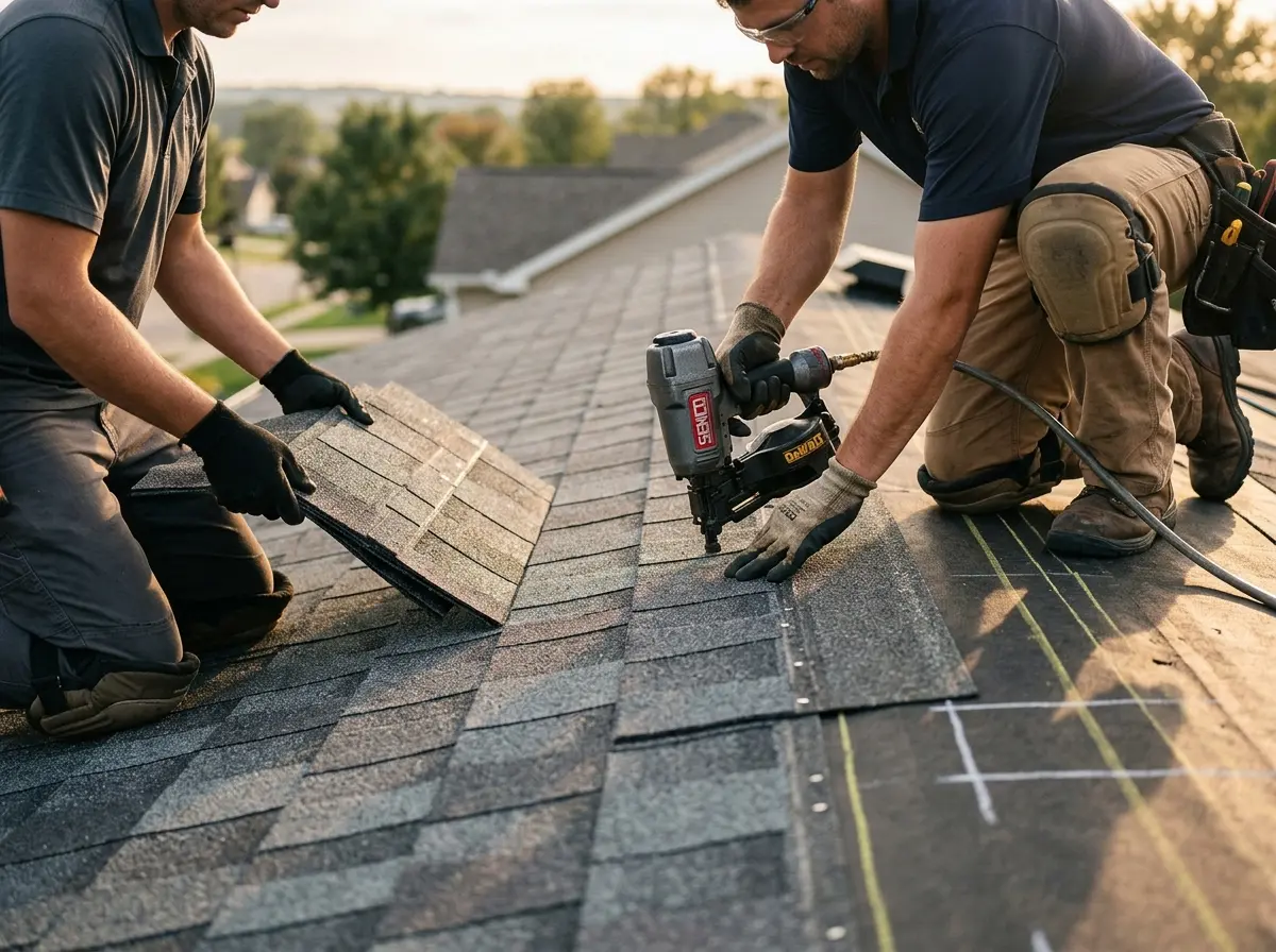Professional roofer working on a residential roof in Cresskill
